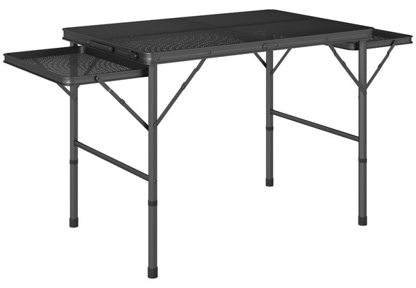 Outsunny Folding Grill Table, 4.5ft Portable Camping Table with 2 Wing Panels, Height Adjustable Metal Picnic Table for Camping, Picnic and BBQ, Black