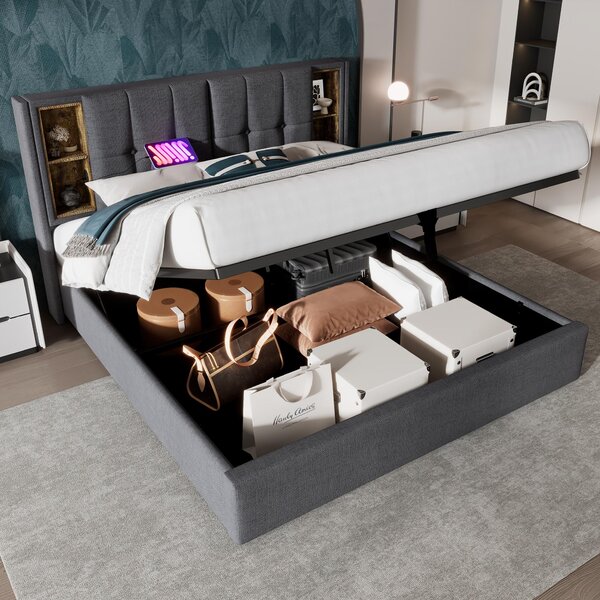 Upholstered Double Bed with Storage, Wooden Double Bed with Wireless Charging Headboard and Fast charging Ports, Hydraulic Storage Design, Grey Aosom UK