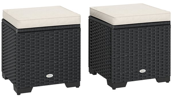 Outsunny Set of 2 Rattan Storage Ottoman, Outdoor Footstool with Removable Cushions, Garden Storage Seat for Balcony, Poolside, Living Room, Cream
