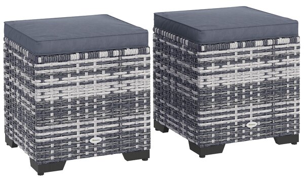 Outsunny Set of 2 Rattan Storage Ottoman, Outdoor Footstool with Removable Cushions, Garden Storage Seat for Balcony, Poolside, Living Room, Dark Grey