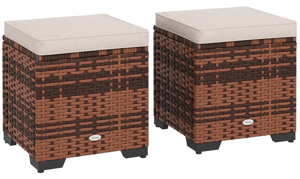 Outsunny Set of 2 Rattan Storage Ottoman, Outdoor Footstool with Removable Cushions, Garden Storage Seat for Balcony, Poolside, Living Room, Beige