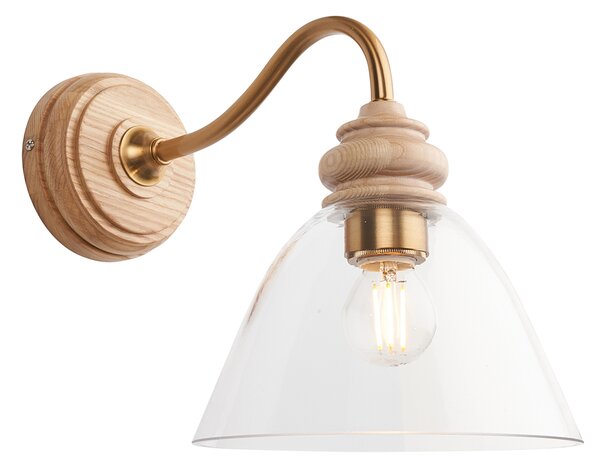 Bourton Wall Light in Natural Ash & Brass with Glass Shade