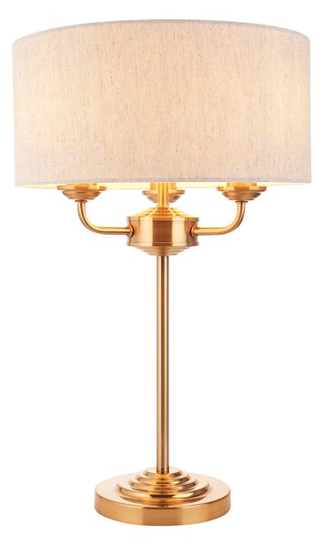 Manon 3-Light Table Lamp in Vintage Brass & Natural Linen