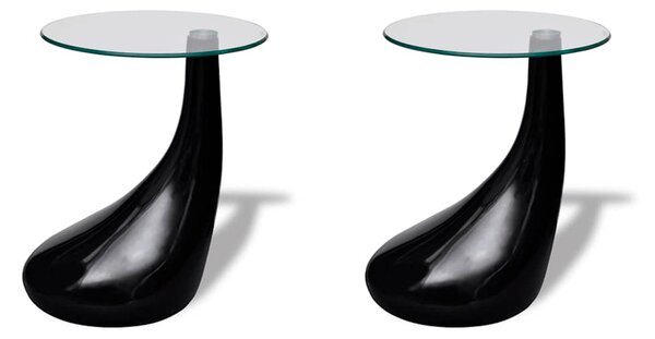 Coffee Table 2 pcs with Round Glass Top High Gloss Black