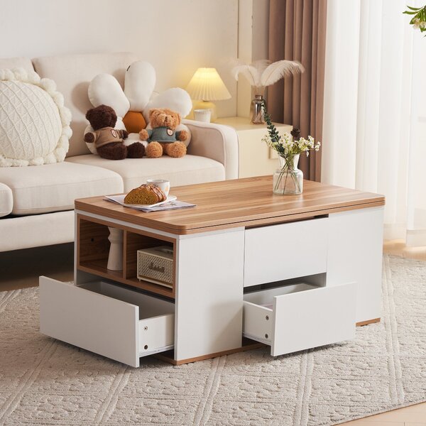 Lift-Top Coffee Table with Storage, 3 Drawers and Adjustable Height, Sofa End Tea Tables for Living Room Furniture, 100x51x47 cm, White Aosom UK