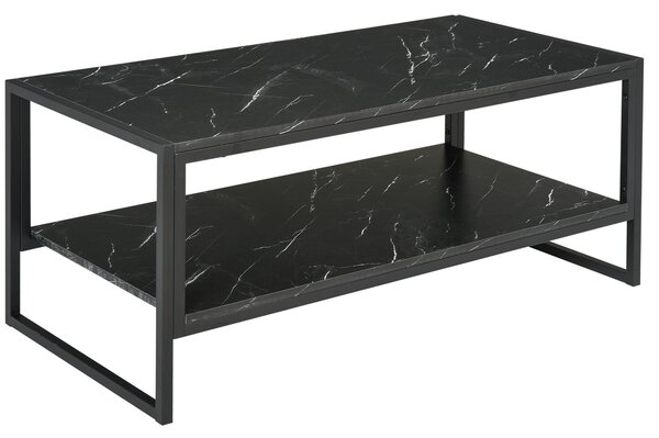 HOMCOM Elegant Two-Tier Coffee Table: Laminate Marble Print Top, Metal Frame, Foot Pads, 2 Shelves, Black Aosom UK