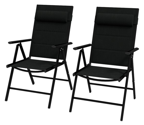 Outsunny Patio Folding Chairs Set of 2 with Adjustable Back, Garden Dining Chairs with Mesh Fabric Padded Seat & Headrest, Black