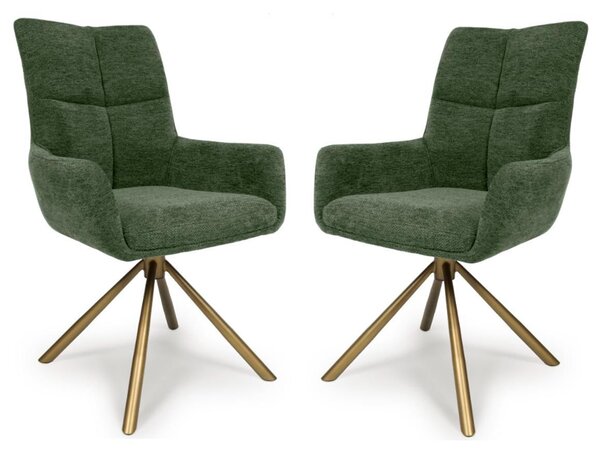 Cavino Green Fabric Dining Chairs With Bronze Legs In Pair