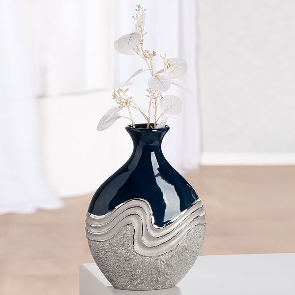 Carnation Small Decorative Bottle Ceramic Vase in Blue and Silver
