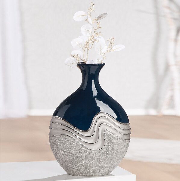 Carnation Large Decorative Bottle Ceramic Vase in Blue and Silver
