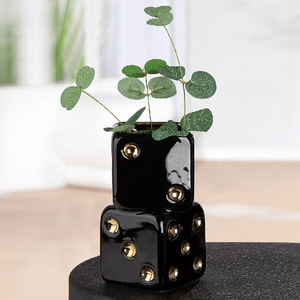 Carnation 2 Cube Ceramic Vase in Black and Gold