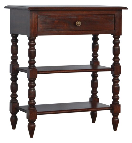 Handcrafted Solid Mango Wood Occasional Table with Turned Legs, Pre-assembled Unit with Drawer and Shelves, 60L x 35W x 70H cm, Brown Aosom UK