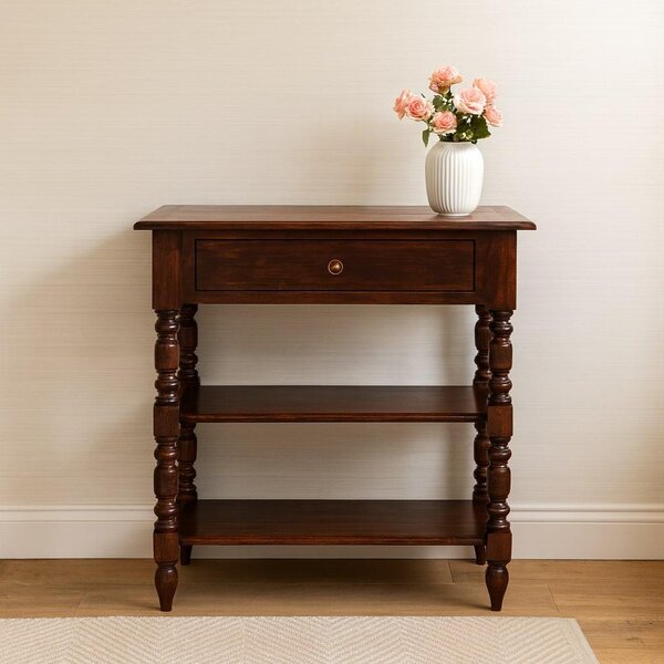 Handcrafted Solid Mango Wood Occasional Table with Turned Legs, Pre-assembled Unit with Drawer and Shelves, 60L x 35W x 70H cm, Brown Aosom UK