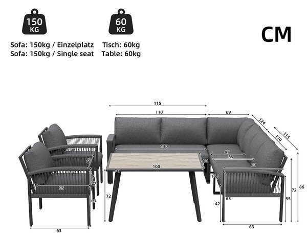 Stylish Garden Lounge Set with Galvanised Iron Frame and Wood‑Grain Table, Large Sofas and Table for 8 People, 124L x 69W x 86H cm, Gray Aosom UK
