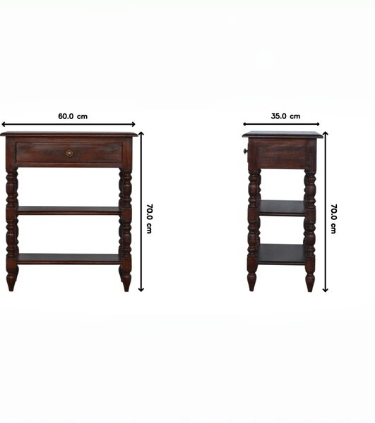 Handcrafted Solid Mango Wood Occasional Table with Turned Legs, Pre-assembled Unit with Drawer and Shelves, 60L x 35W x 70H cm, Brown Aosom UK