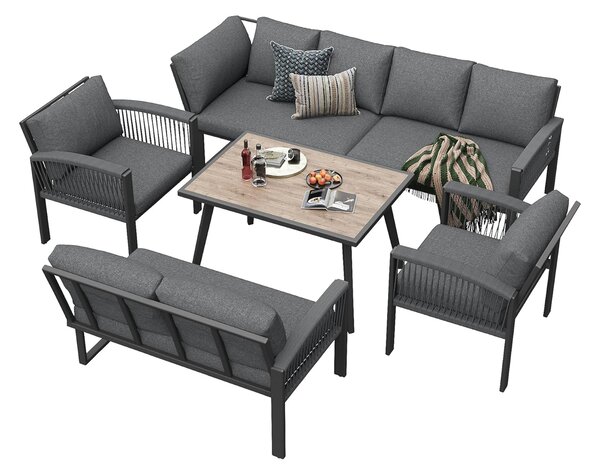 Stylish Garden Lounge Set with Galvanised Iron Frame and Wood‑Grain Table, Large Sofas and Table for 8 People, 124L x 69W x 86H cm, Gray Aosom UK
