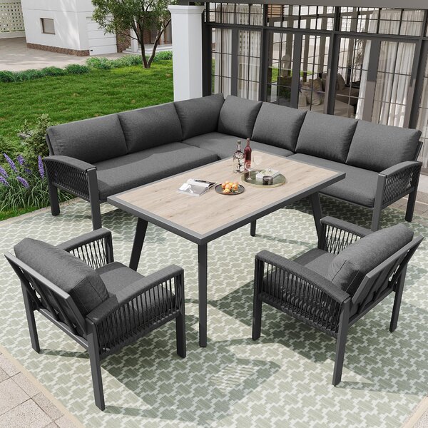 Stylish Garden Lounge Set with Galvanised Iron Frame and Wood‑Grain Table, Large Sofas and Table for 8 People, 124L x 69W x 86H cm, Gray Aosom UK