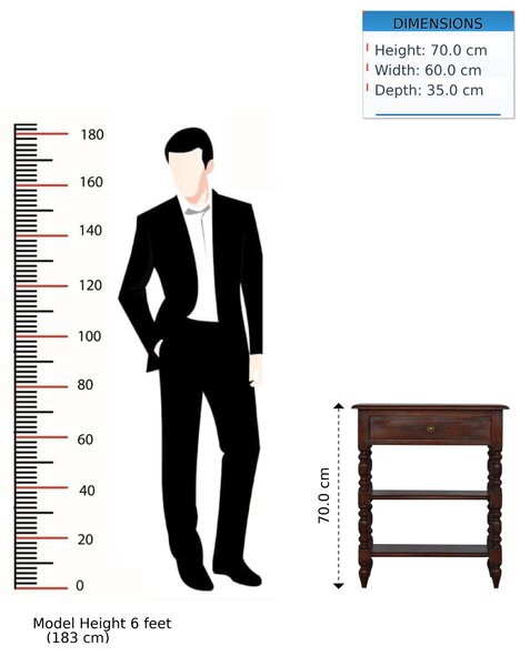 Handcrafted Solid Mango Wood Occasional Table with Turned Legs, Pre-assembled Unit with Drawer and Shelves, 60L x 35W x 70H cm, Brown Aosom UK