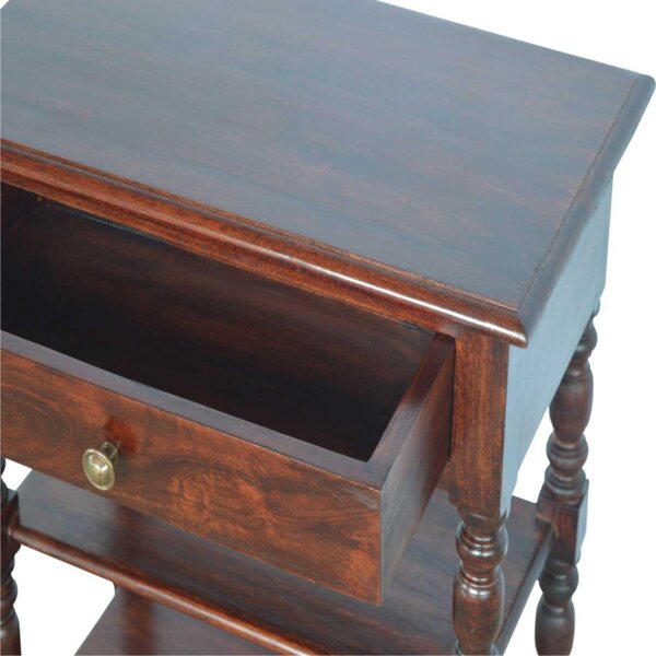 Handcrafted Solid Mango Wood Occasional Table with Turned Legs, Pre-assembled Unit with Drawer and Shelves, 60L x 35W x 70H cm, Brown Aosom UK