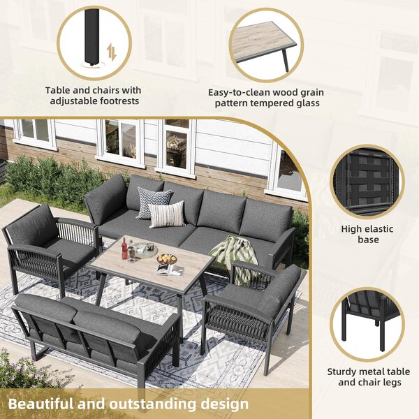 Stylish Garden Lounge Set with Galvanised Iron Frame and Wood‑Grain Table, Large Sofas and Table for 8 People, 124L x 69W x 86H cm, Gray Aosom UK