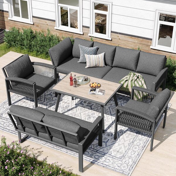 Stylish Garden Lounge Set with Galvanised Iron Frame and Wood‑Grain Table, Large Sofas and Table for 8 People, 124L x 69W x 86H cm, Gray Aosom UK