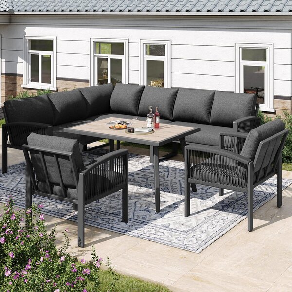 Stylish Garden Lounge Set with Galvanised Iron Frame and Wood‑Grain Table, Large Sofas and Table for 8 People, 124L x 69W x 86H cm, Gray Aosom UK