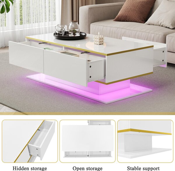 Modern LED Coffee Table with High-Gloss Finish and Gold Accents, Illuminated Unit with Drawers and Storage, 100L x 50W x 40H cm, White Aosom UK