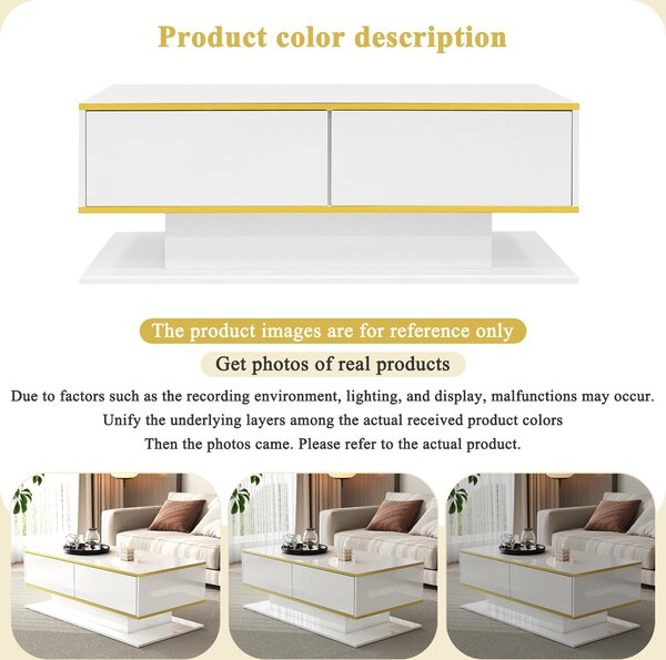 Modern LED Coffee Table with High-Gloss Finish and Gold Accents, Illuminated Unit with Drawers and Storage, 100L x 50W x 40H cm, White Aosom UK