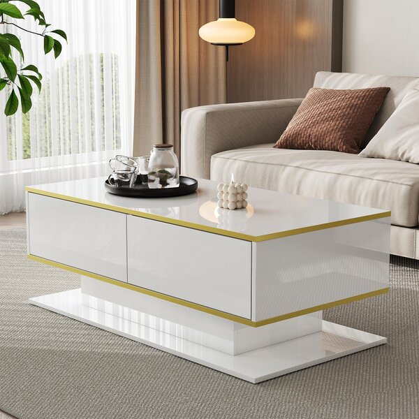 Modern LED Coffee Table with High-Gloss Finish and Gold Accents, Illuminated Unit with Drawers and Storage, 100L x 50W x 40H cm, White Aosom UK