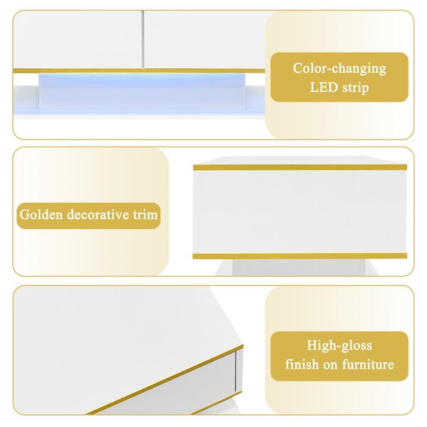 Modern LED Coffee Table with High-Gloss Finish and Gold Accents, Illuminated Unit with Drawers and Storage, 100L x 50W x 40H cm, White Aosom UK