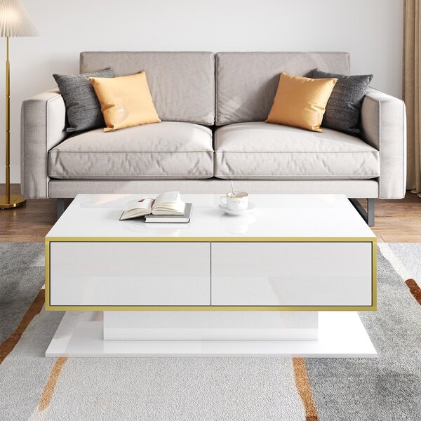 Modern LED Coffee Table with High-Gloss Finish and Gold Accents, Illuminated Unit with Drawers and Storage, 100L x 50W x 40H cm, White Aosom UK