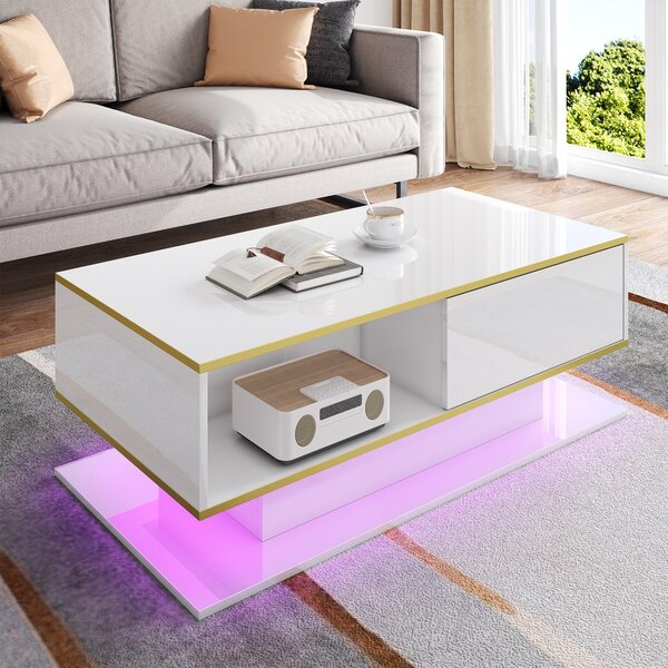 Modern LED Coffee Table with High-Gloss Finish and Gold Accents, Illuminated Unit with Drawers and Storage, 100L x 50W x 40H cm, White Aosom UK