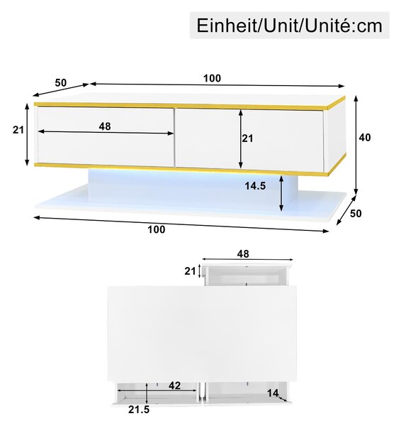 Modern LED Coffee Table with High-Gloss Finish and Gold Accents, Illuminated Unit with Drawers and Storage, 100L x 50W x 40H cm, White Aosom UK