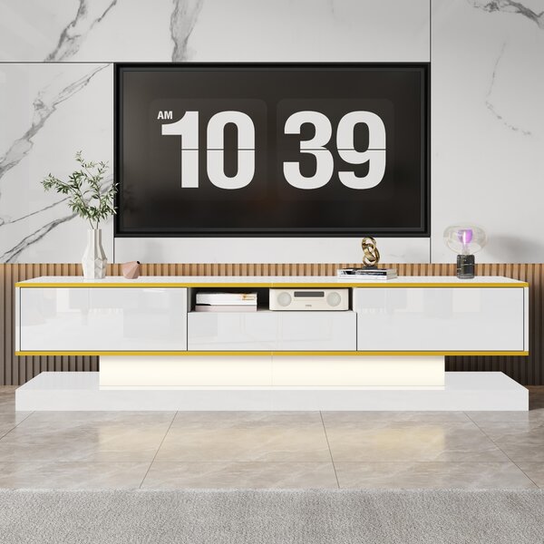 Modern LED TV Cabinet with High-Gloss Finish and Metallic Trim, Spacious Unit with Open Compartment, 180L x 38W x 45H cm, White Aosom UK