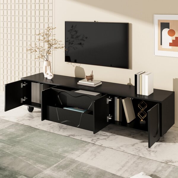 Minimalist TV Cabinet with Solid Wood Legs and Curved Doors, Spacious Storage Unit with Drawers and Shelves, 180L x 40W x 42H cm, Black Aosom UK