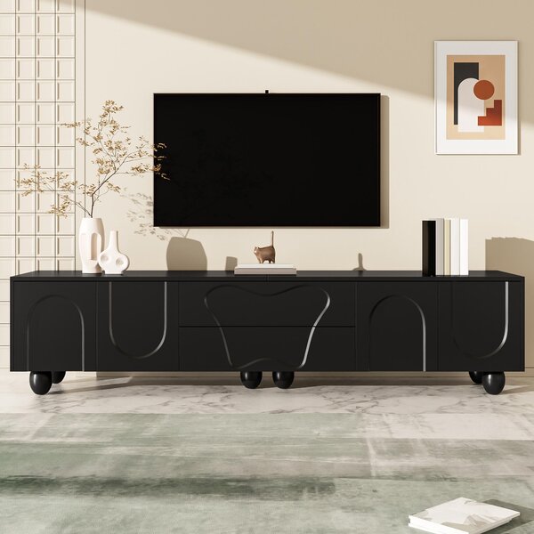 Minimalist TV Cabinet with Solid Wood Legs and Curved Doors, Spacious Storage Unit with Drawers and Shelves, 180L x 40W x 42H cm, Black Aosom UK