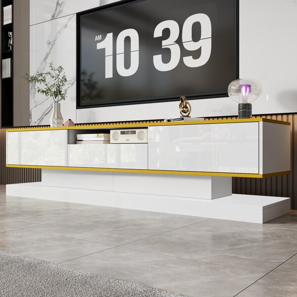 Modern LED TV Cabinet with High-Gloss Finish and Metallic Trim, Spacious Unit with Open Compartment, 180L x 38W x 45H cm, White Aosom UK