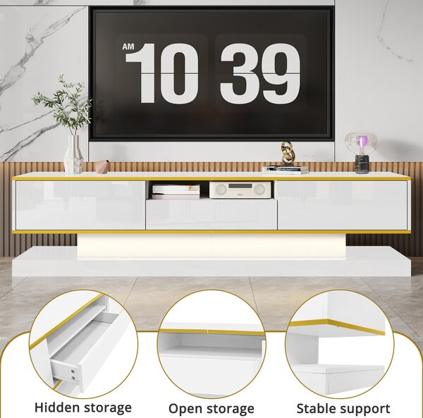 Modern LED TV Cabinet with High-Gloss Finish and Metallic Trim, Spacious Unit with Open Compartment, 180L x 38W x 45H cm, White Aosom UK