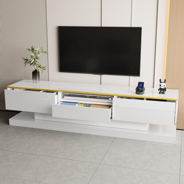Modern LED TV Cabinet with High-Gloss Finish and Metallic Trim, Spacious Unit with Open Compartment, 180L x 38W x 45H cm, White Aosom UK