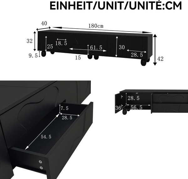 Minimalist TV Cabinet with Solid Wood Legs and Curved Doors, Spacious Storage Unit with Drawers and Shelves, 180L x 40W x 42H cm, Black Aosom UK