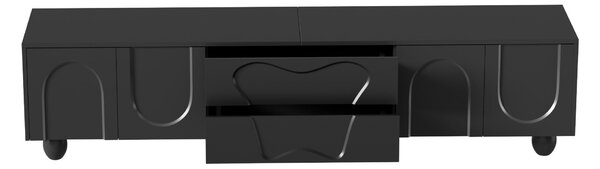 Minimalist TV Cabinet with Solid Wood Legs and Curved Doors, Spacious Storage Unit with Drawers and Shelves, 180L x 40W x 42H cm, Black Aosom UK