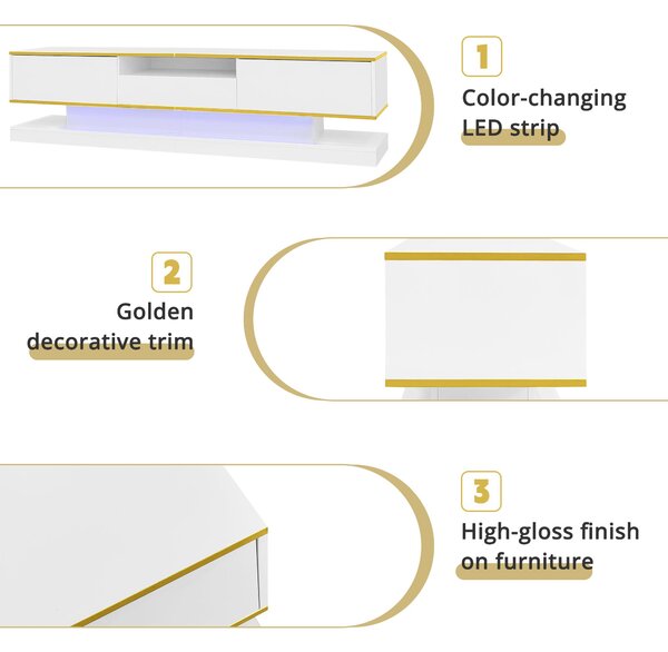 Modern LED TV Cabinet with High-Gloss Finish and Metallic Trim, Spacious Unit with Open Compartment, 180L x 38W x 45H cm, White Aosom UK