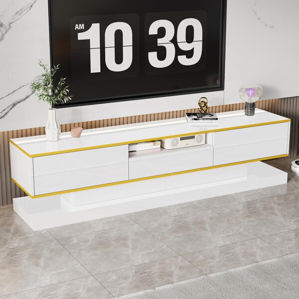 Modern LED TV Cabinet with High-Gloss Finish and Metallic Trim, Spacious Unit with Open Compartment, 180L x 38W x 45H cm, White Aosom UK