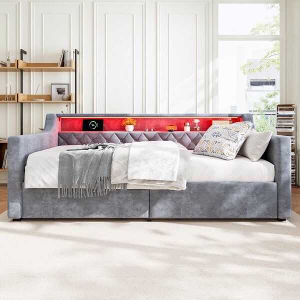 3FT Sofa Bed with 2 Drawers on Wheels, Light Strip, Charging Port, Upholstered Single Bed with Velvet Finish, 206L x 104W x 74H cm, Grey Aosom.UK