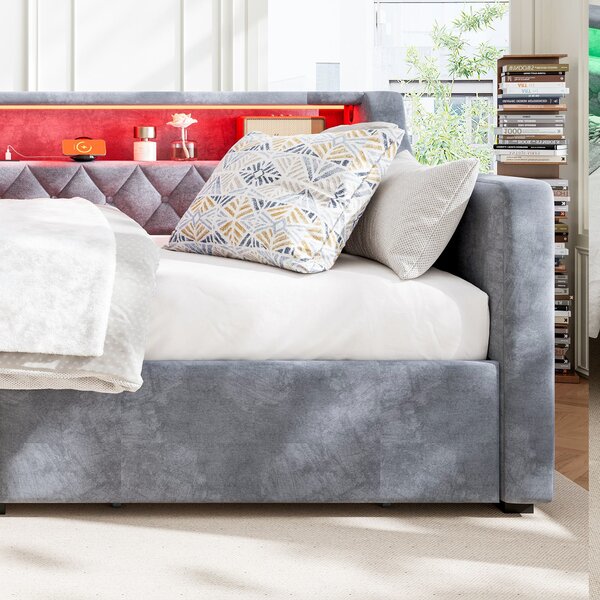 3FT Sofa Bed with 2 Drawers on Wheels, Light Strip, Charging Port, Upholstered Single Bed with Velvet Finish, 206L x 104W x 74H cm, Grey Aosom.UK