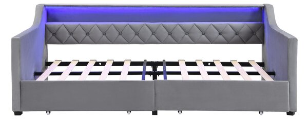 3FT Sofa Bed with 2 Drawers on Wheels, Light Strip, Charging Port, Upholstered Single Bed with Velvet Finish, 206L x 104W x 74H cm, Grey Aosom.UK