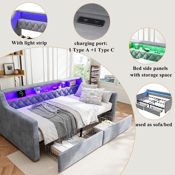 3FT Sofa Bed with 2 Drawers on Wheels, Light Strip, Charging Port, Upholstered Single Bed with Velvet Finish, 206L x 104W x 74H cm, Grey Aosom.UK