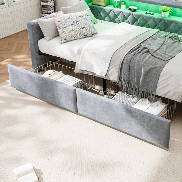 3FT Sofa Bed with 2 Drawers on Wheels, Light Strip, Charging Port, Upholstered Single Bed with Velvet Finish, 206L x 104W x 74H cm, Grey Aosom.UK
