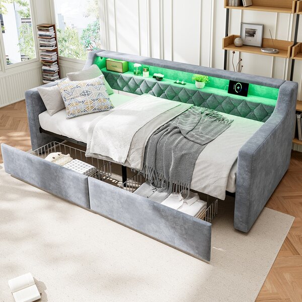 3FT Sofa Bed with 2 Drawers on Wheels, Light Strip, Charging Port, Upholstered Single Bed with Velvet Finish, 206L x 104W x 74H cm, Grey Aosom.UK
