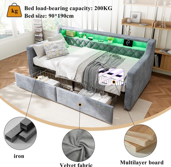 3FT Sofa Bed with 2 Drawers on Wheels, Light Strip, Charging Port, Upholstered Single Bed with Velvet Finish, 206L x 104W x 74H cm, Grey Aosom.UK